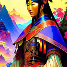 East Asian warrior in traditional armor with mountains and cherry blossoms.