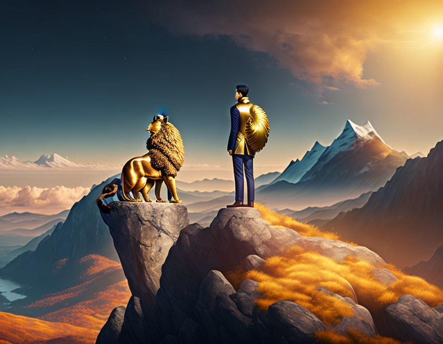 Man and lion on cliff at sunset with dramatic scenery