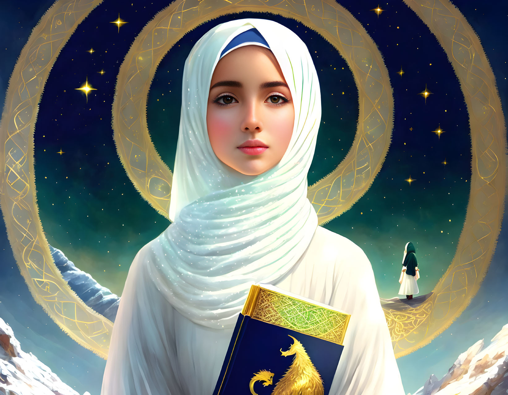 Digital artwork of woman in white hijab holding book with golden motifs on celestial background.