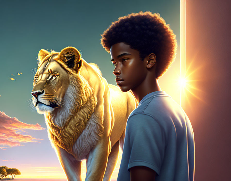 Young man and lion standing together at sunset symbolizing strength and unity