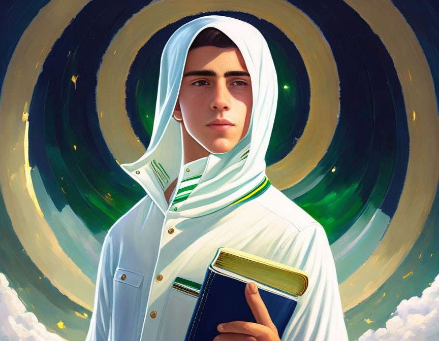 Stylized portrait of young person with white scarf and book in cosmic setting