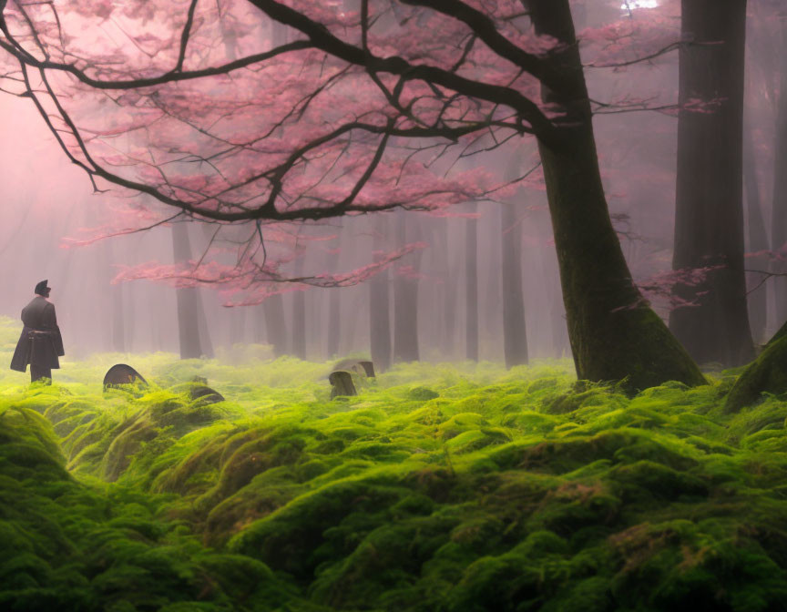 Person in traditional attire in mystical forest with pink blossoms and green moss