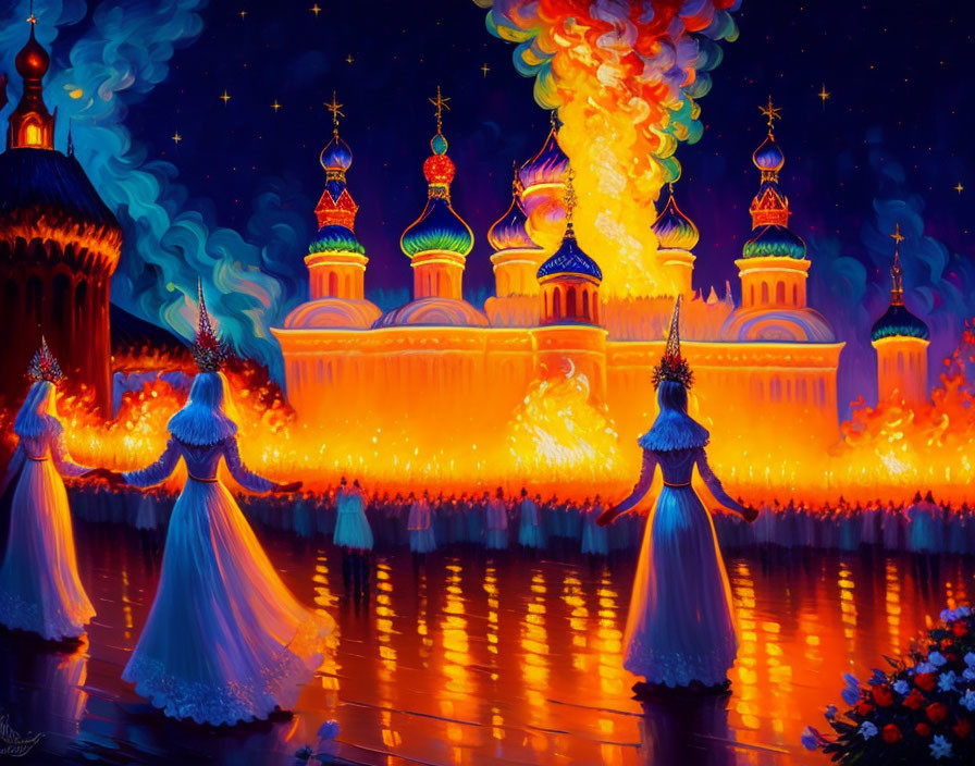 Three elegant figures in gowns view a vibrant castle scene at night