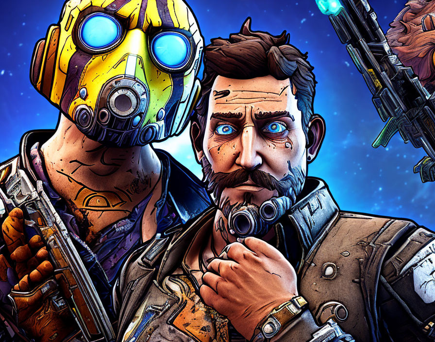 Futuristic video game characters with robotic mask and mustache, armed, against blue sky