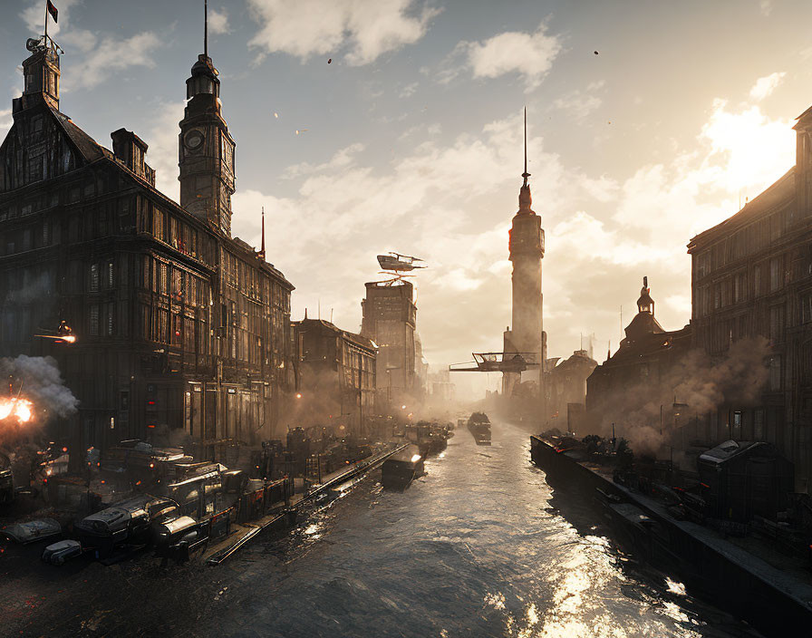 Steampunk cityscape with vintage architecture, airships, and river at sunrise or sunset