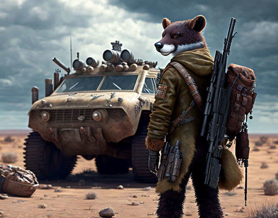 Anthropomorphic raccoon with weapon in desert landscape next to armored vehicle