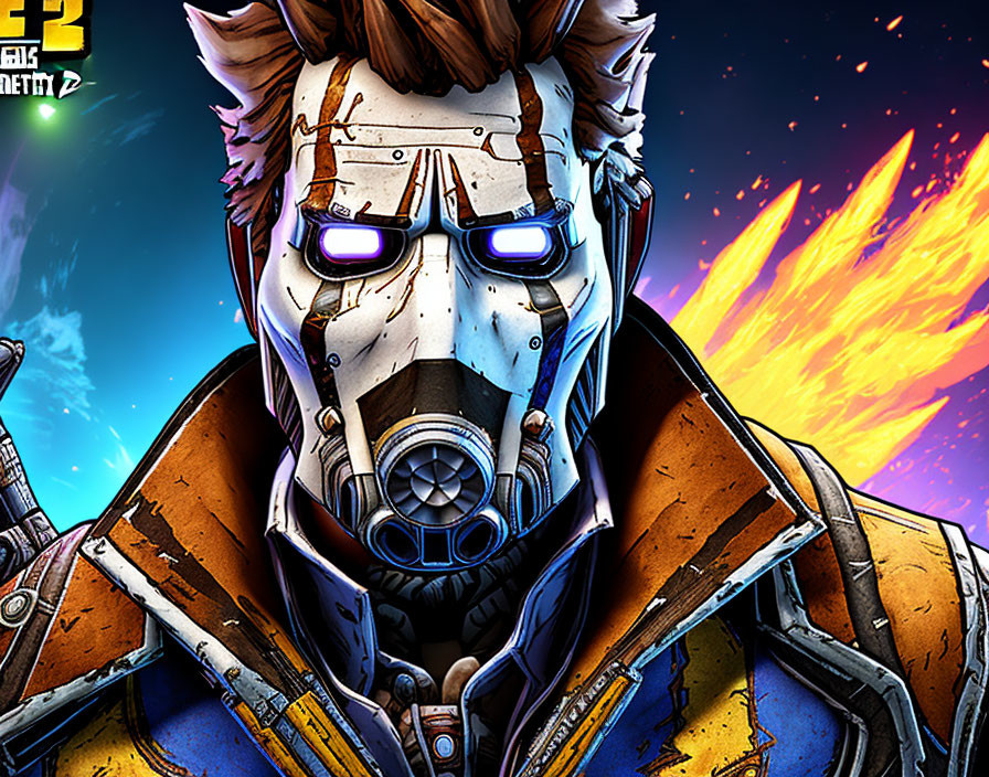 Masked character with purple eyes and spiky hair in fiery jacket art