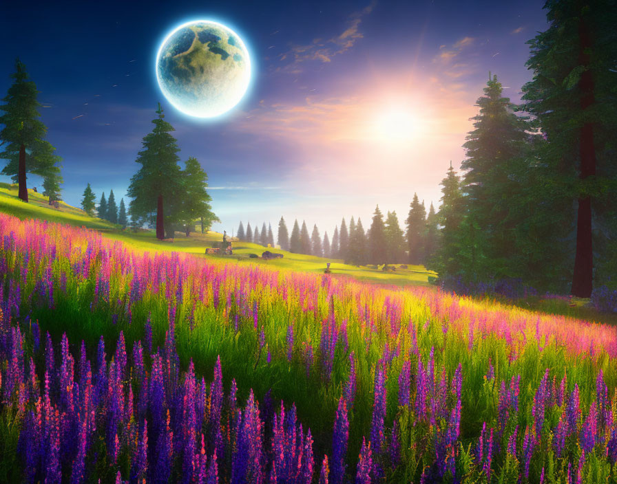 Vibrant purple flowers in surreal landscape with sun, moon, and green trees