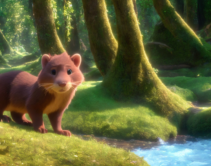 Anthropomorphic otter in enchanted forest with stream