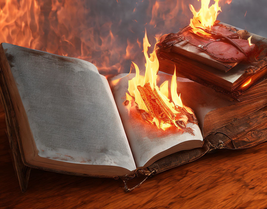 Burning antique book on fire with fiery background