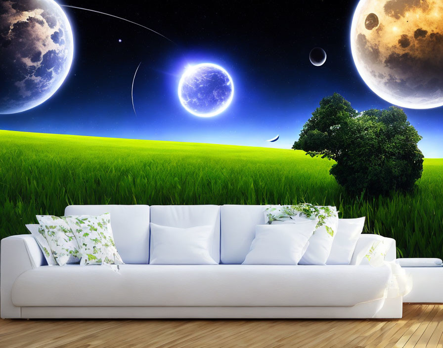 White Sofa with Green Cushions in Front of Cosmic Mural