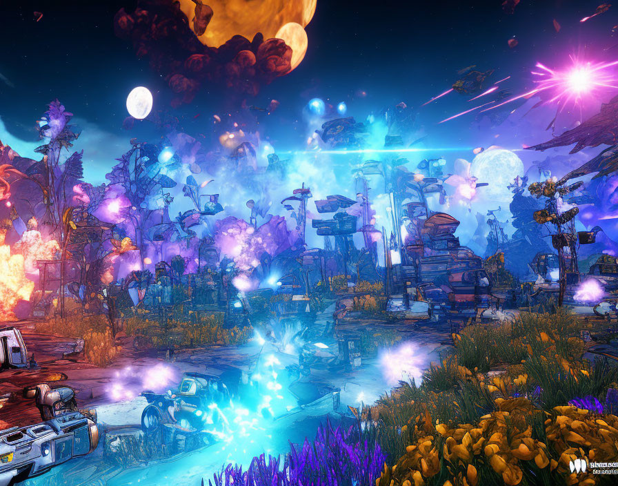 Colorful sci-fi landscape: purple flora, moons, star, floating rocks, futuristic structures.