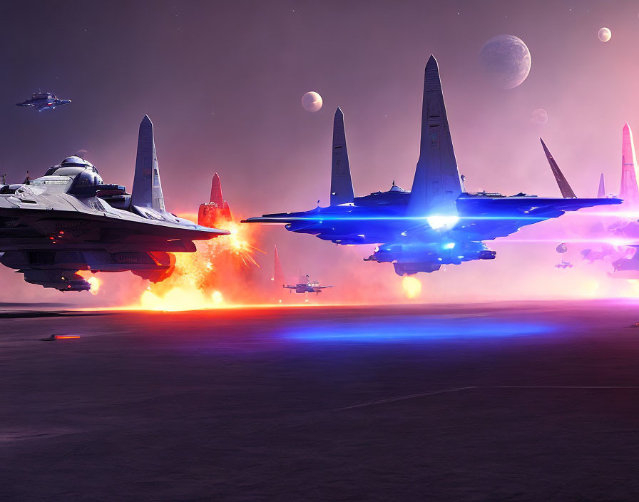 Futuristic spaceships battle with laser fire in celestial scene