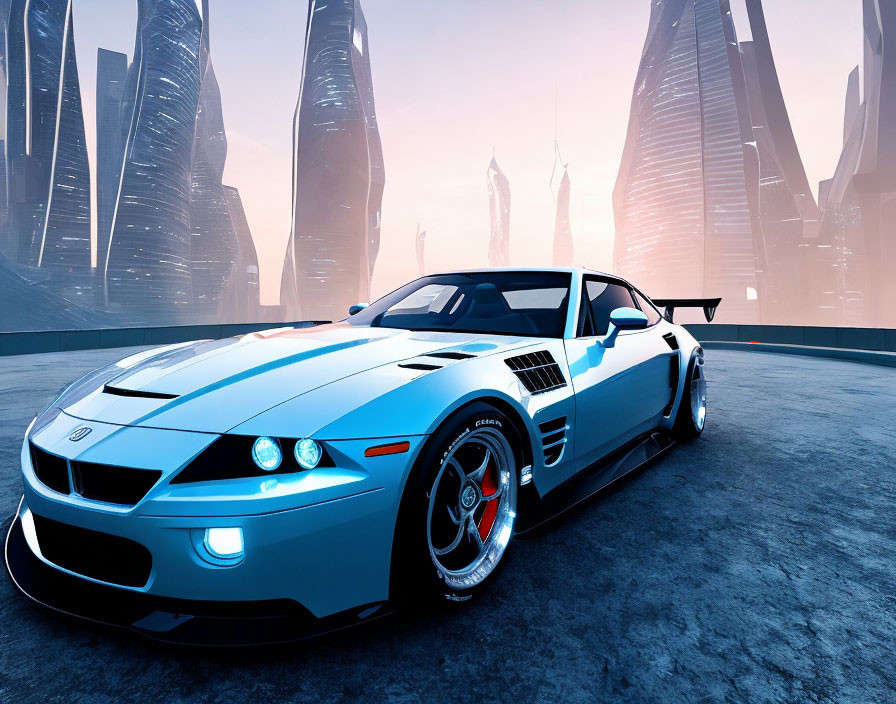 Blue Sports Car with Black Stripes and Rear Spoiler in Futuristic Cityscape