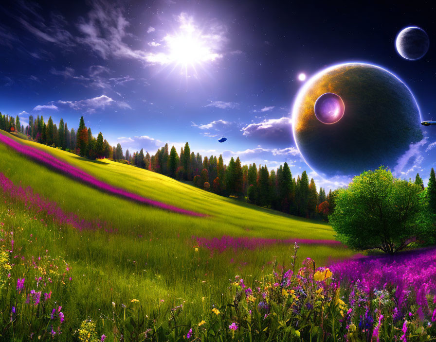 Colorful surreal landscape with oversized planets and spaceship in the sky