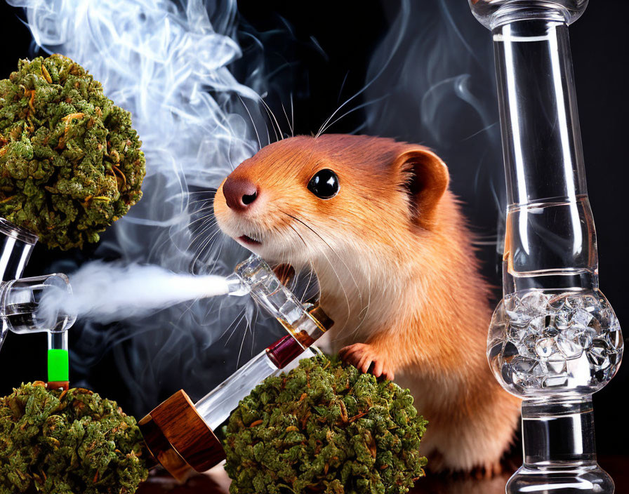 Hamster surrounded by cannabis buds and smoking accessories.