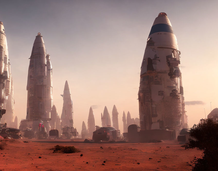 Futuristic Mars Colony with Space Rockets and Vehicles