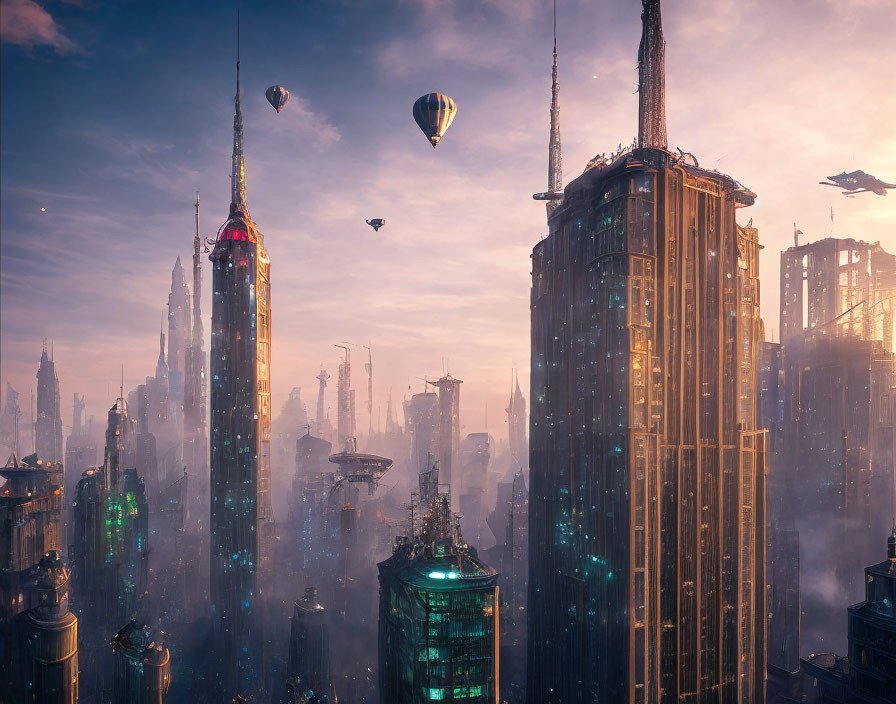 Futuristic cityscape with tall skyscrapers and airships at dusk