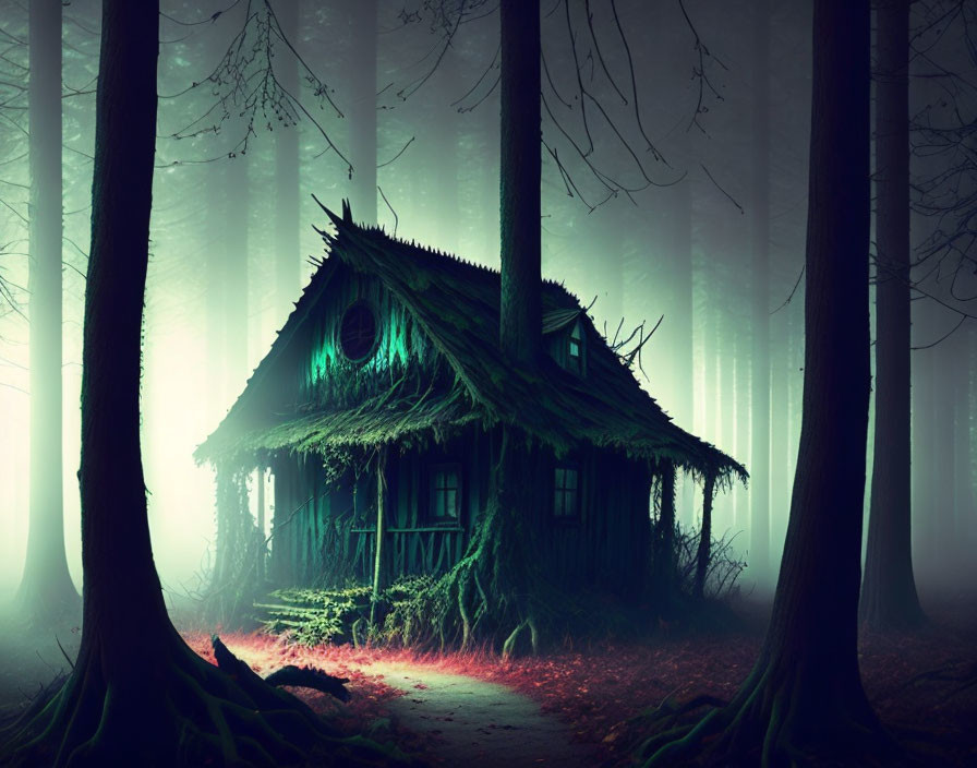 Desolate moss-covered hut in mystical forest with red glow