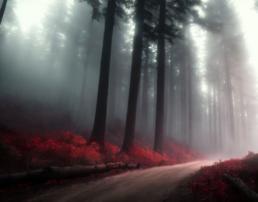 Misty forest with tall trees and red foliage path