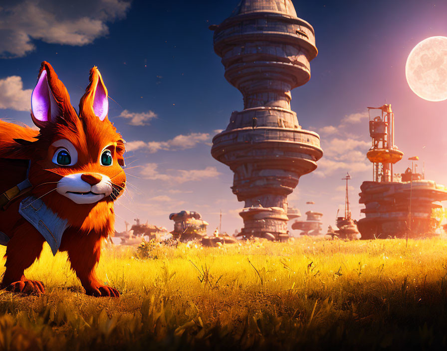 Orange Fox with Green Eyes in Futuristic Landscape on Golden Field