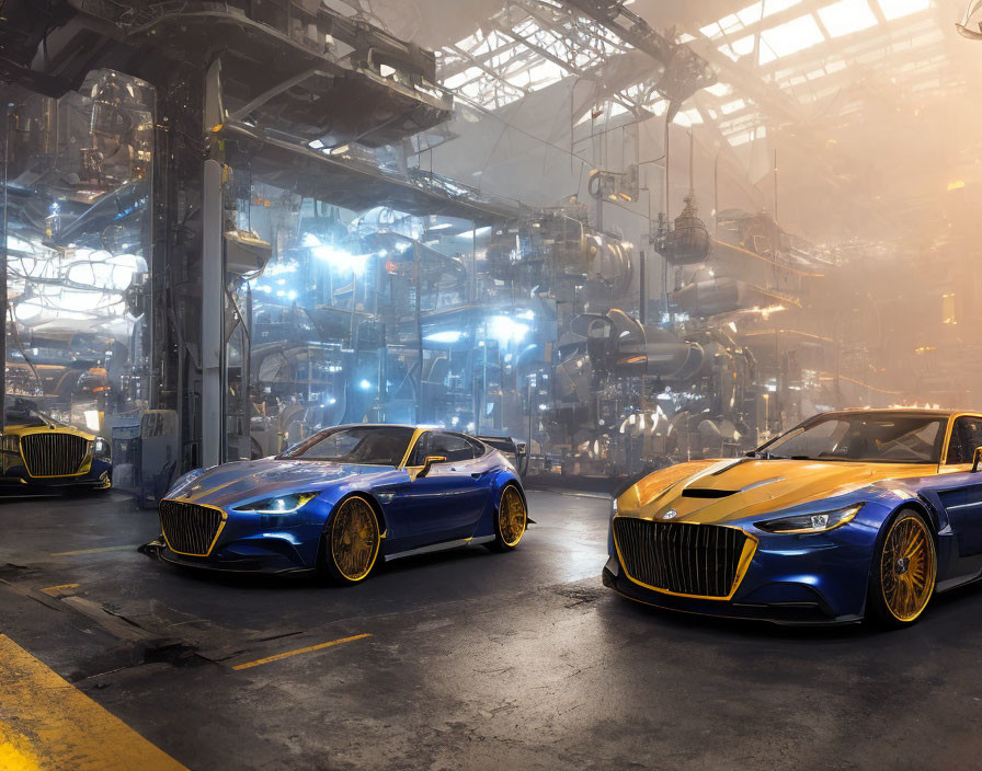 Blue sports cars with golden rims in industrial factory setting