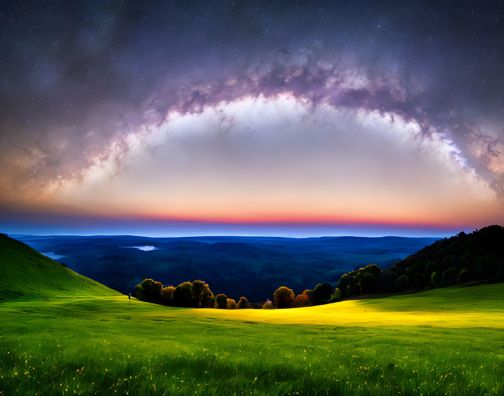 Panoramic starry night sky over serene landscape