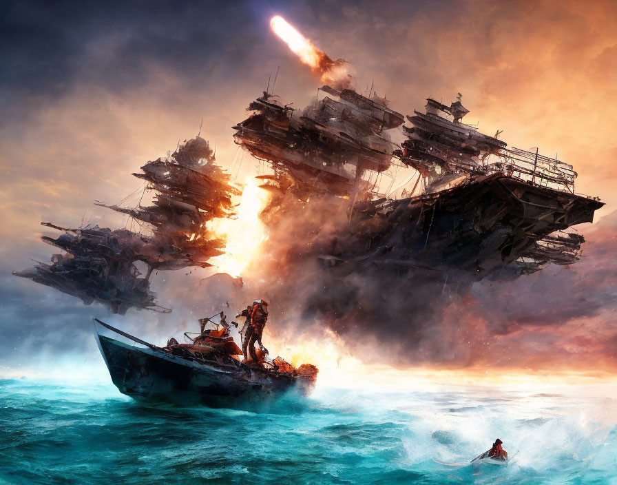 Person on small boat watches colossal airborne ships in fiery battle at sunset