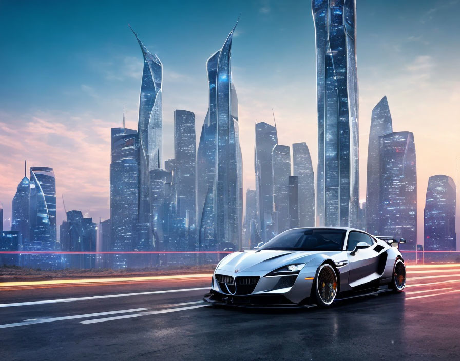 Futuristic skyscrapers backdrop sleek sports car at sunset