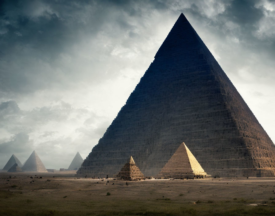 Ancient pyramids in desert with dramatic cloudy sky and tourists.