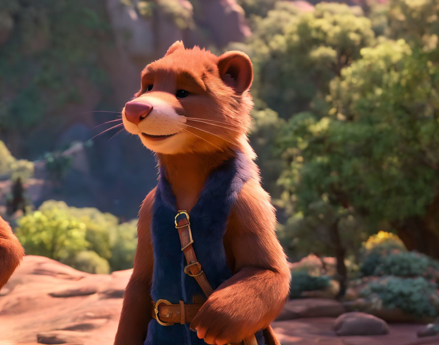 Red anthropomorphic fox in blue vest and belt, smiling in 3D animation