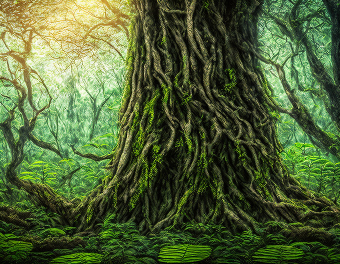 Majestic ancient tree in misty forest with lush greenery