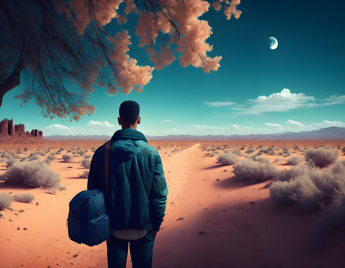 Man with backpack gazes at desert landscape with cacti and crescent moon