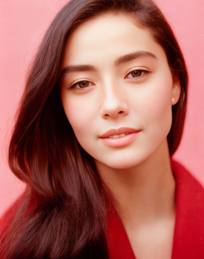 Portrait of woman with long dark hair, fair skin, in red outfit on pink background