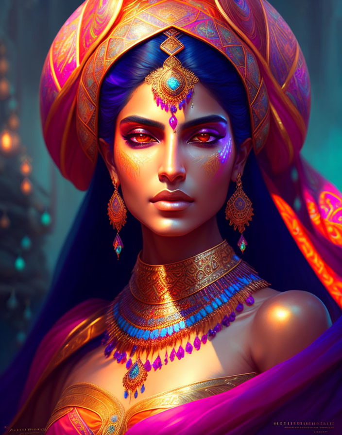 Illustration of woman with blue skin in traditional Indian attire and gold jewelry