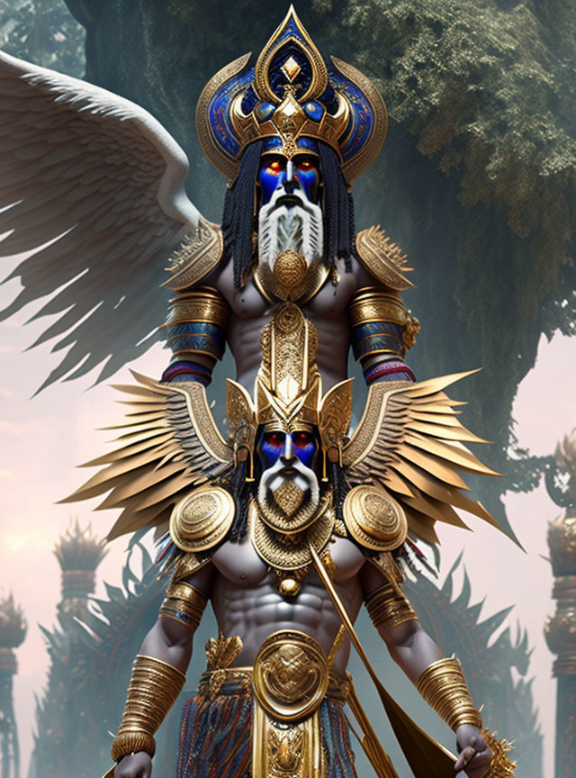 Mythological figure with blue skin in golden armor