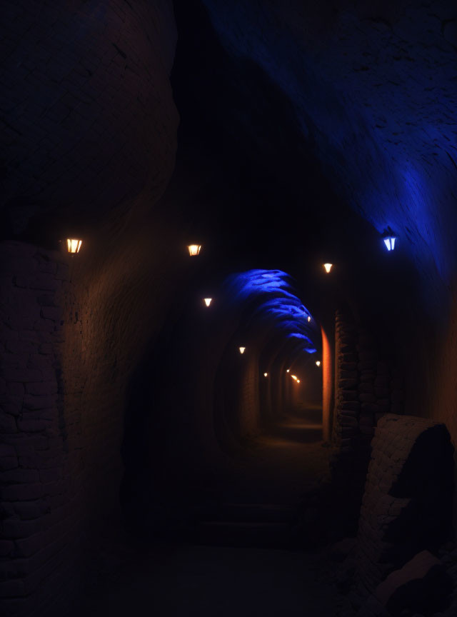 Dimly Lit Underground Tunnel with Lanterns and Blue Light