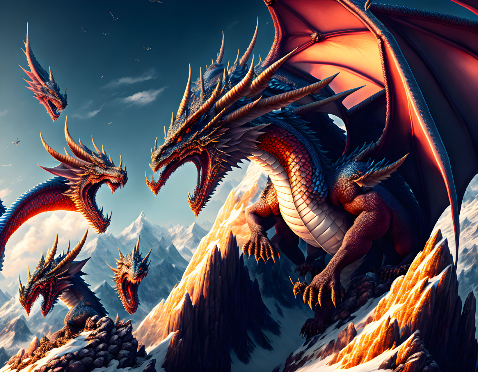 Three red-winged dragons on rocky terrain with snow-capped mountains and blue sky.