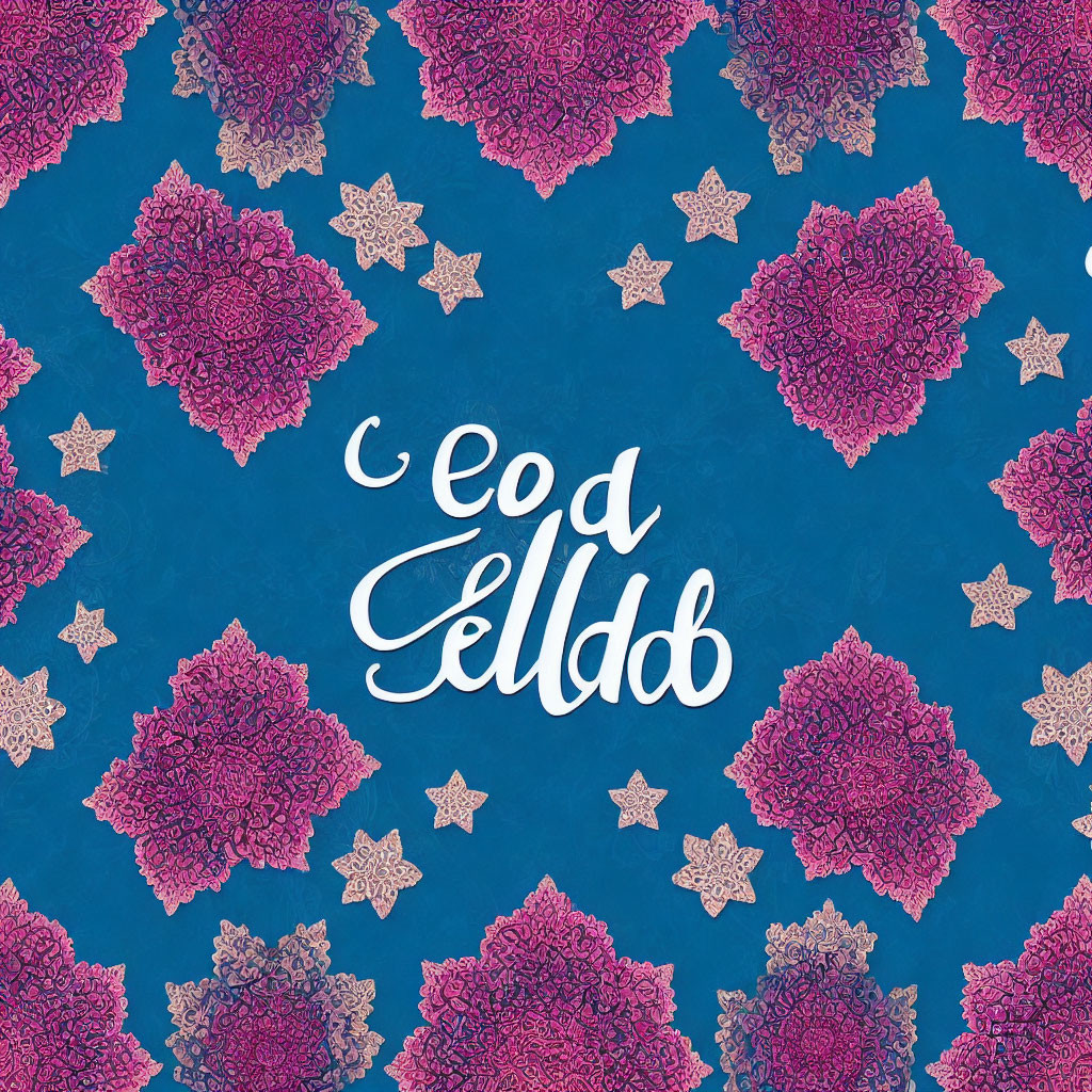 Symmetrical pink mandalas on blue background with mirrored cursive text