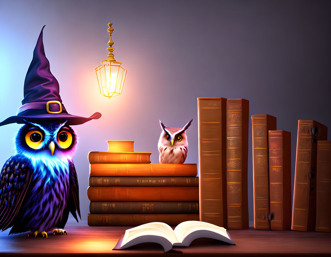 Colorful wizard hat owl with books and lamp illustration.