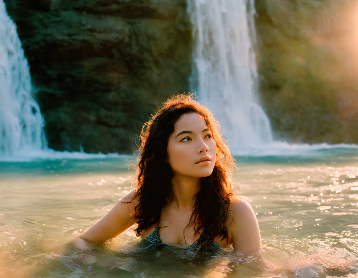 Woman bathing in sunlit pool with waterfall backdrop