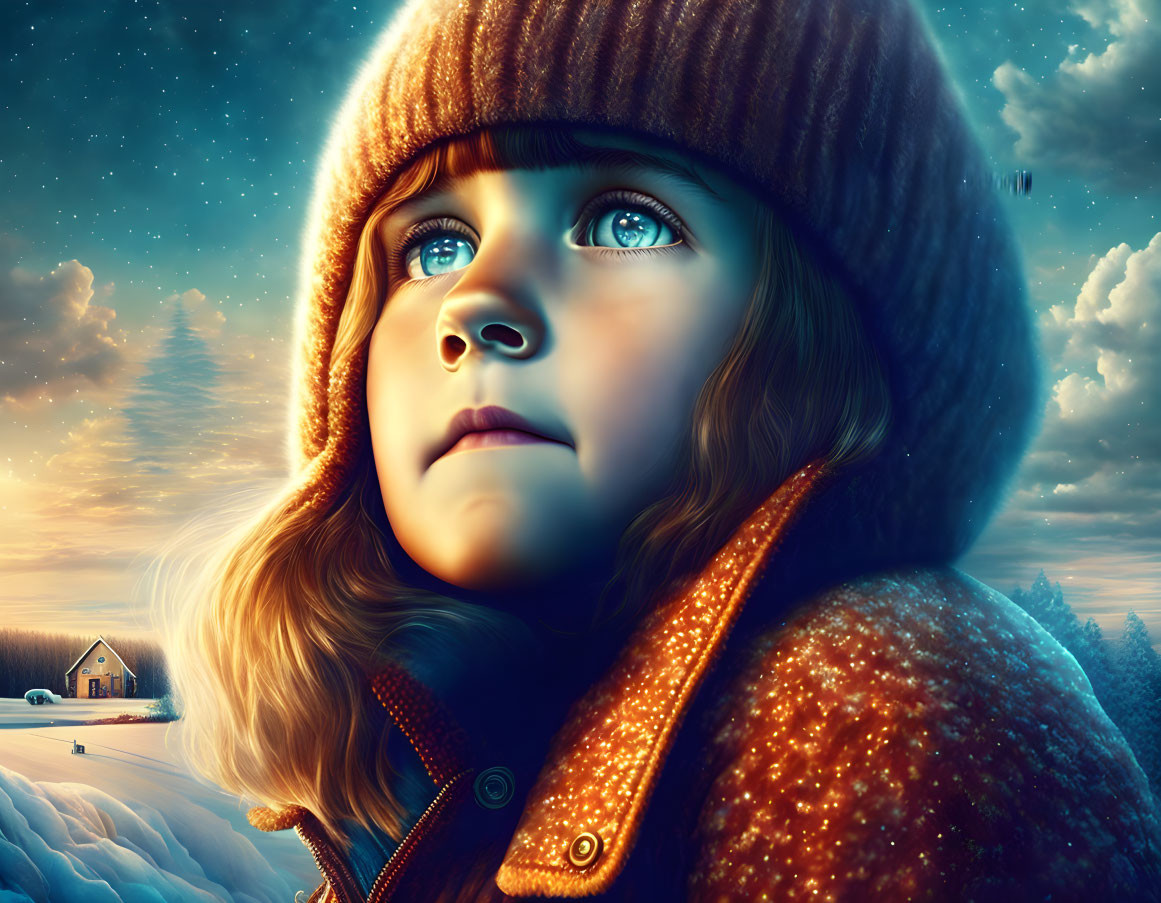 Child in warm hat and coat admiring snowy sunset scene