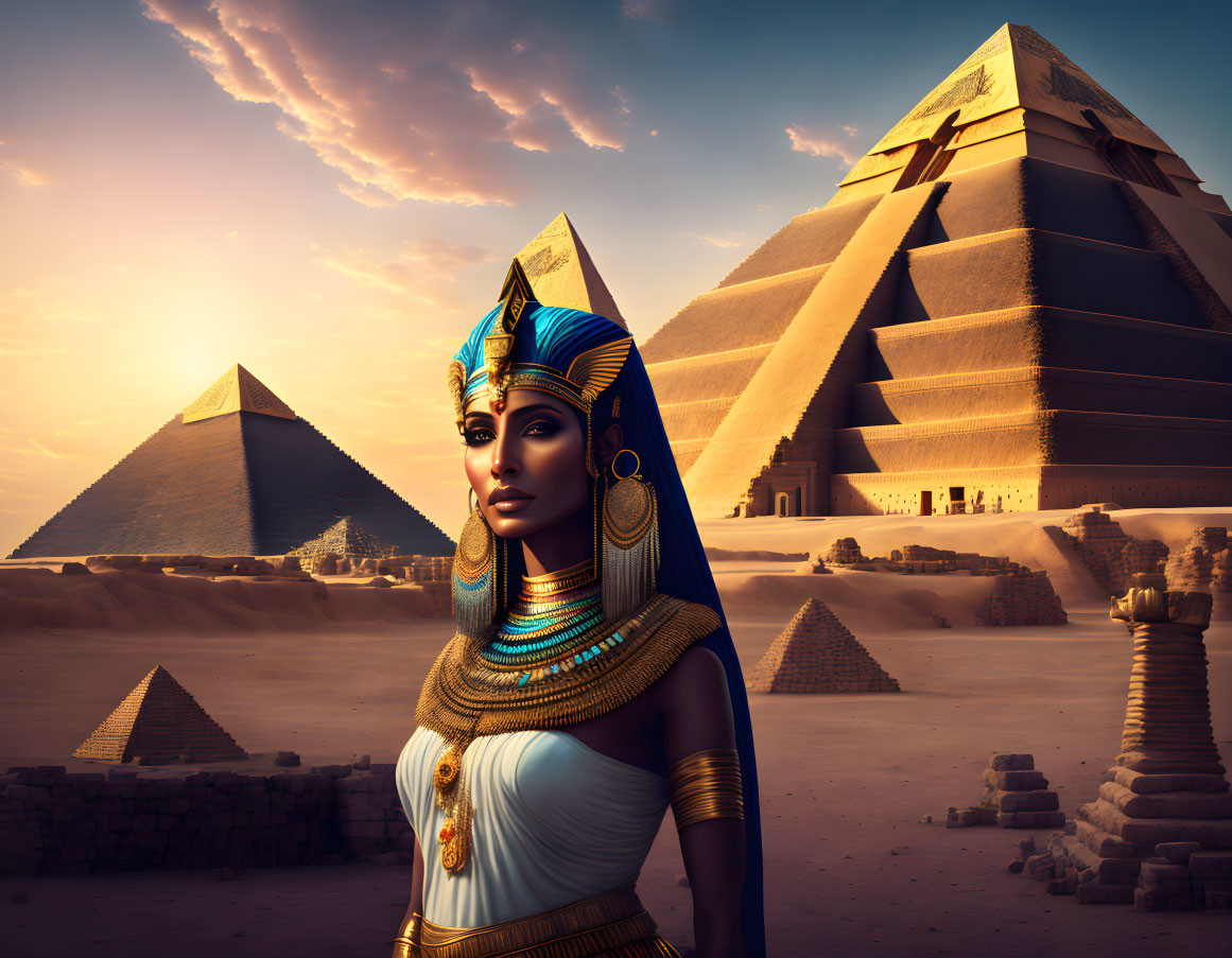 Woman in ancient Egyptian pharaoh attire by pyramids at sunset