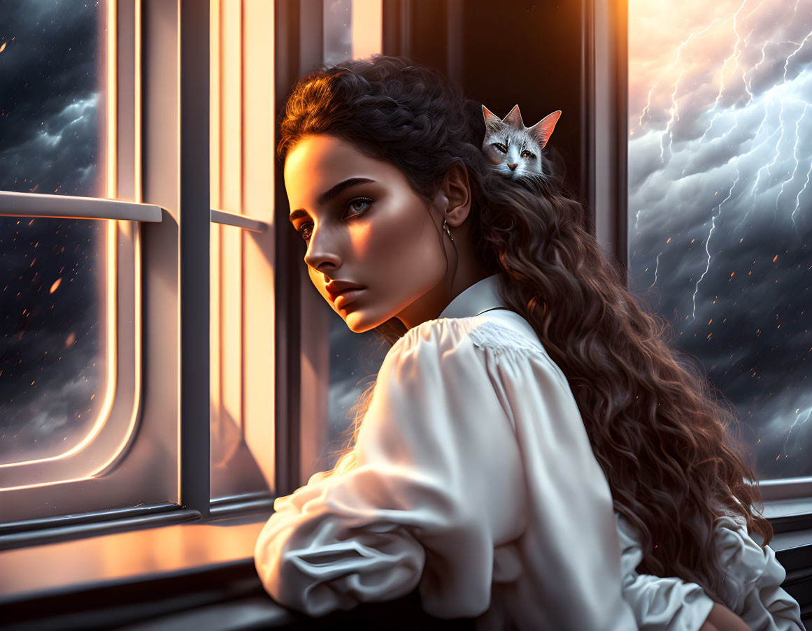 Woman with long braided hair and cat gazes out window during lightning storm