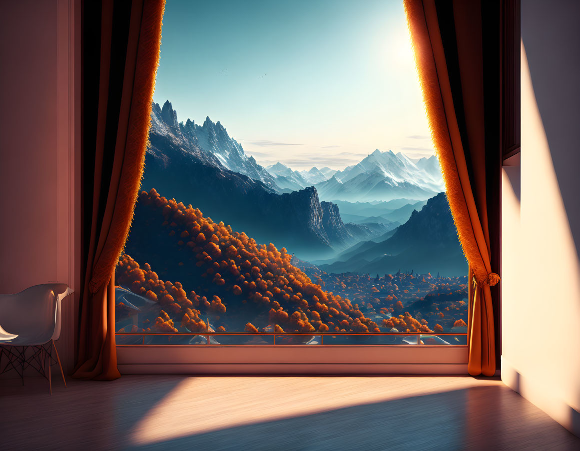 Window view of autumn valley and snow-capped mountains.