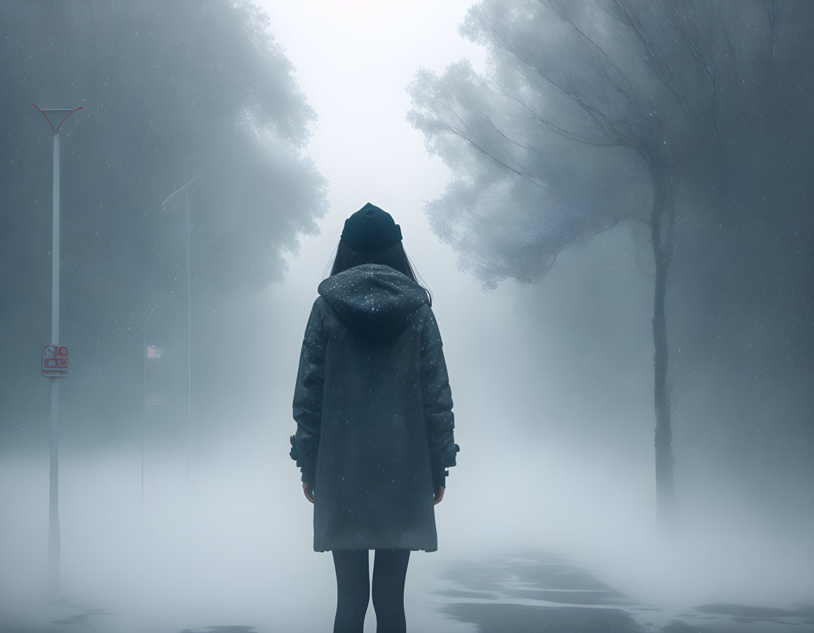 Person in Hooded Coat on Foggy Pathway with Bare Trees and Street Lamp