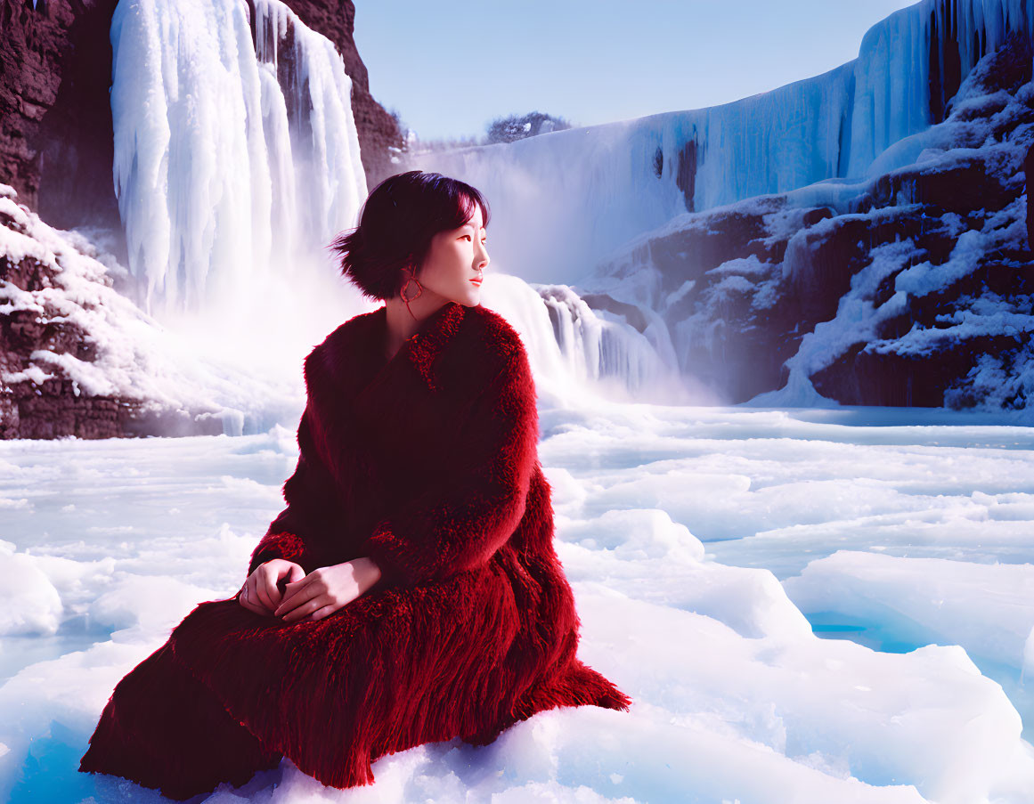 Woman in Red Coat Sitting on Icy Surface with Frozen Waterfall