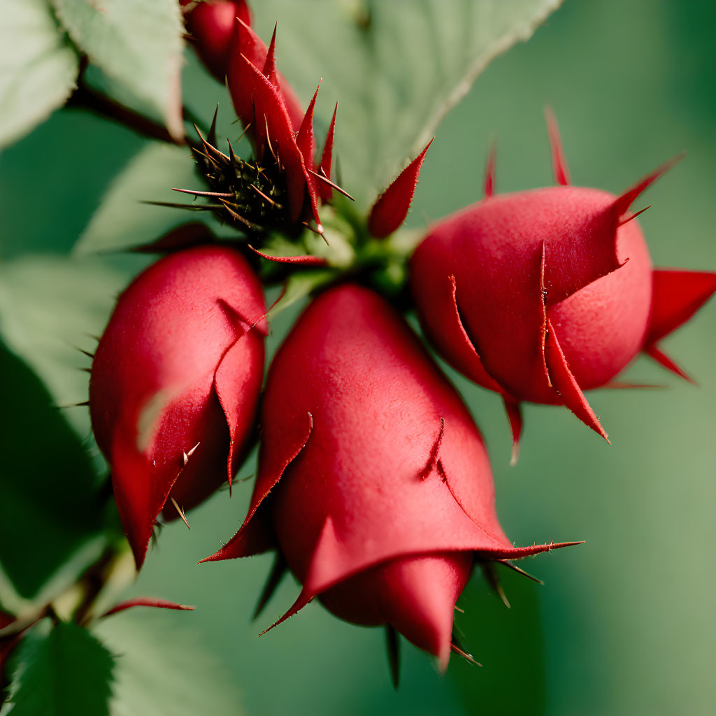 Detailed shot: red rose hips with sharp thorns on branch against soft green backdrop