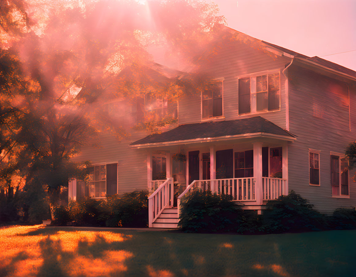 Pink-hued sunlight illuminates two-story house with front porch in dreamy scene