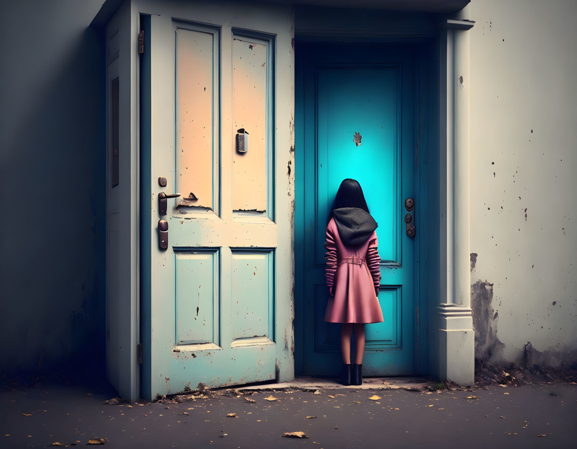 Pink-coated person standing by turquoise door on weathered wall